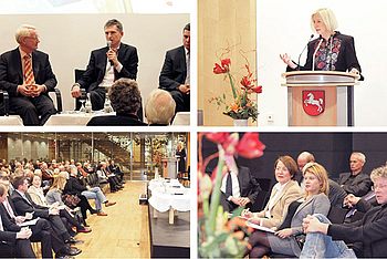 Menschen nehmen an einer Konferenz teil, während eine Person am Rednerpult einen Vortrag hält 