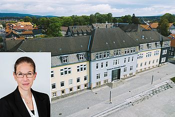 Hauptgebäude der TU Clausthal neben dem Porträt einer Person